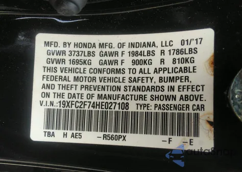 2017 Honda Civic Ex z USA, uszkodzony, nr VIN 19XFC2F74HE027108